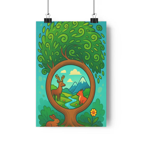Poster arbre feuilles vertes cerf renard lapin fleur jaune montagnes neige ciel bleu nuages doux nature orange cartoon contours nets