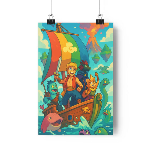 Poster aventure marine personnages fantastiques bateau floral vagues bleues nuages jaunes volcans en éruption couleurs vives style cartoon expressions joyeuses