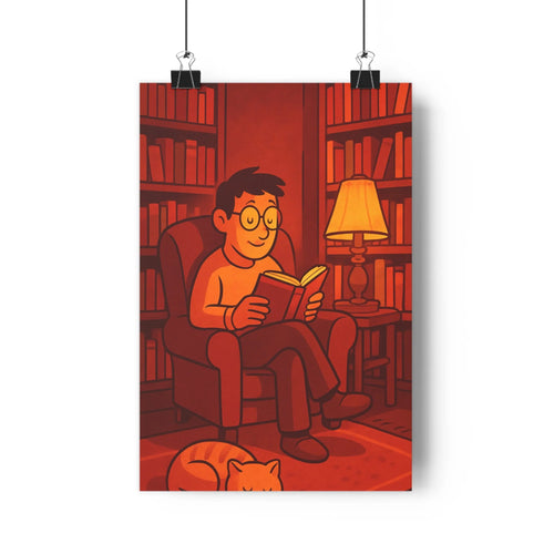 Poster lecture homme fauteuil chat bibliothèque lampes rouge orange plante verte étagère salon détente chaleureux cartoon