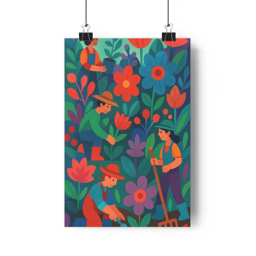 Poster jardinage personnages fleurs roses tulipes feuillage vibrant coloré simple joyeux salon chambre bureau