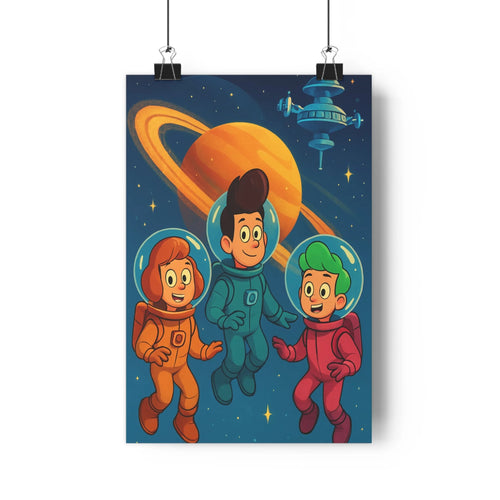 Poster spatial enfants combinaison spatiale étoiles saturne fusée plante verte étagère boules cône livres bleu nuit jaune orange joyeux cartoon