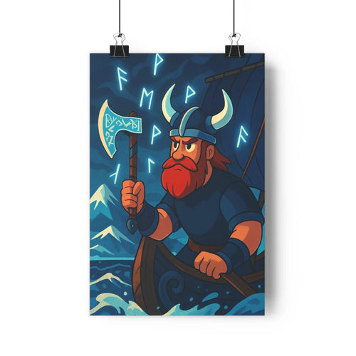 Poster épique viking guerrier runes vagues bleues noir ambiance mystérieuse énergie puissance cartoon contours nets couleurs vives salon chambre nordique