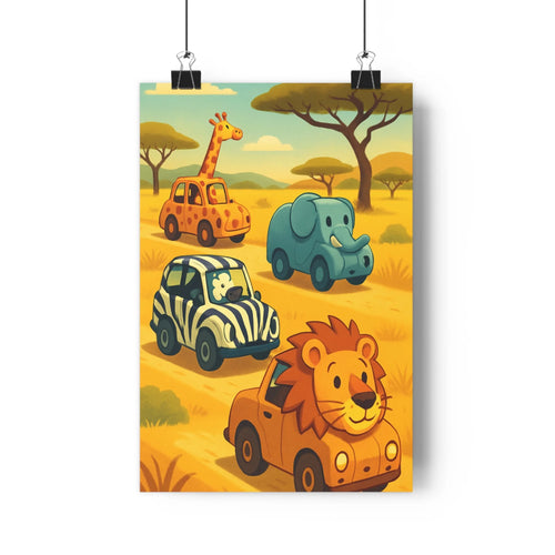 Poster safari animaux girafe éléphant zebre lion vehicules motifs animaliers paysage sauvage arbres collines couleurs chaudes jaune vert bleu style