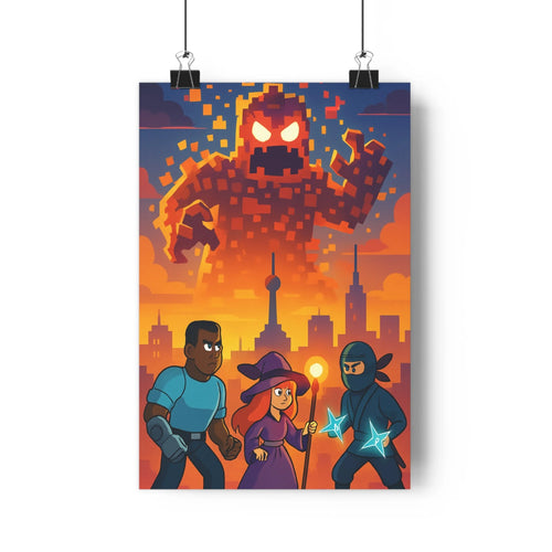 Poster fantastique cartoon personnages mystiques ville nuit baguette magique épée lumineuse monstre pixel art architecture urbaine couleurs pastel ambiance menaçante