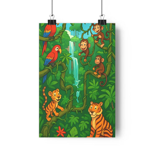 Poster jungle tigres perroquet singes végétation luxuriante feuilles vertes fleurs rouges orangées contours nets couleurs vives ambiance joyeuse enfantine nature