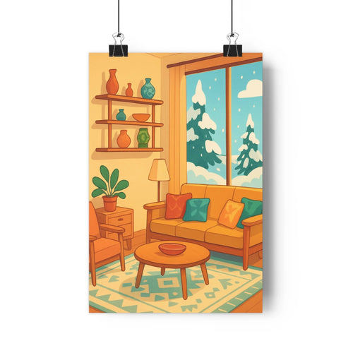 Poster intérieur confortable canapé marron coussins colorés table basse étagères plantes fenêtre hiver neige tapis motifs géométriques ambiance paisible douceur