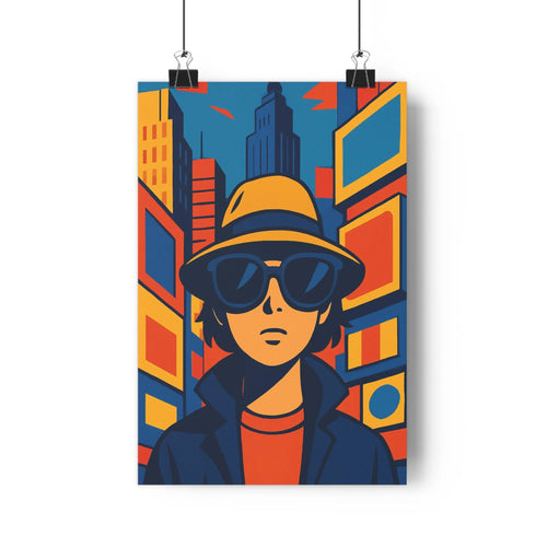 Poster homme chapeau lunettes manteau bleu chemise orange ville moderne bâtiments collage géométrique popart couleurs vives ambiance urbaine dynamique salon