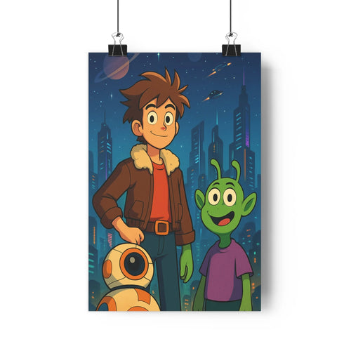 Poster aventure urbaine nuit robots amis plantes livres étoiles planète expressions faciles couleurs vives style cartoon chambre salon