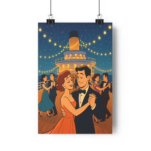 Poster romantique danse nuit bateau cheminée couples robes smoking guirlandes lumineuses ambiance festive élégante détails nets coloré salon chambre