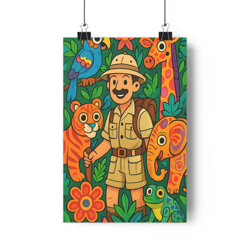 Poster explorer jungle animaux tigre éléphant girafe perroquet crapaud plantes fleurs vibrant joyeux simple popart cartoon