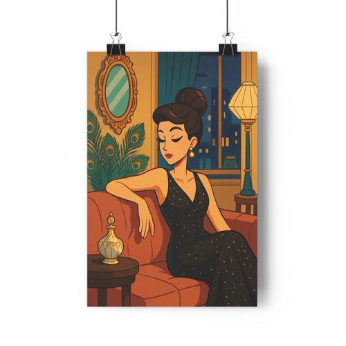 Poster femme élégante robe noire points dorés chignon haut canapé marron table basse vase doré rideau vert ville nuit lampe