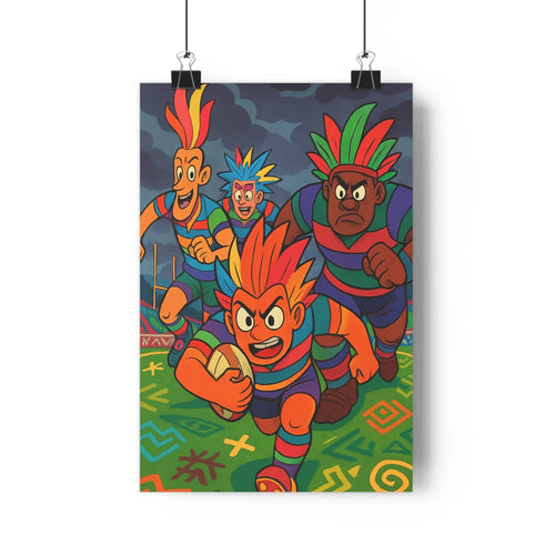 Poster rugby personnages couleur géométrique dynamisme cartoon expressions faciaux énergie intense sportif chambre salon