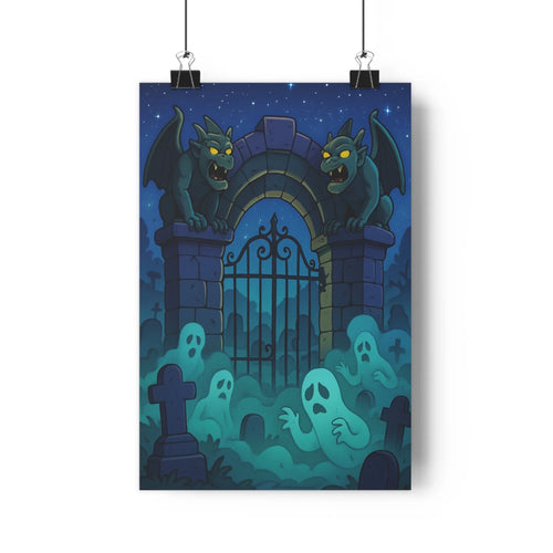 Poster mystique cimetière griffons colonnes pierre grille métallique fantômes ciel bleu nuit tombes noires style cartoon vieilles gravures ambiance fantastique