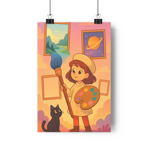 Poster artiste peinture chat noir montagne lac palette chapeau vêtements simples ambiance optimiste style cartoon couleurs pastel environnement paisible création