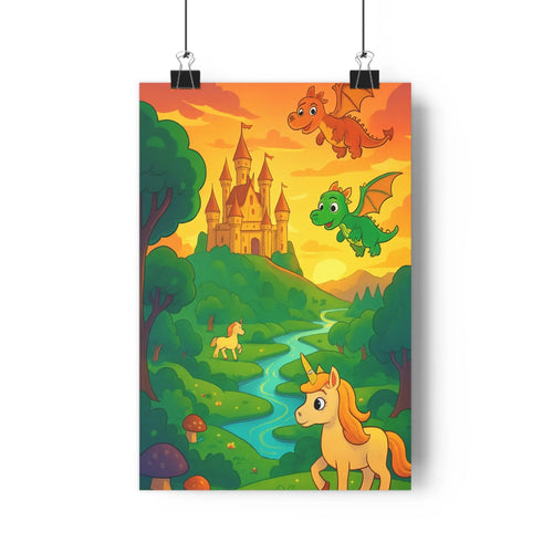 Poster paysage fantastique château dragons licorne foret champignons couchant doré vibrant cartoon enchanté chambre salon
