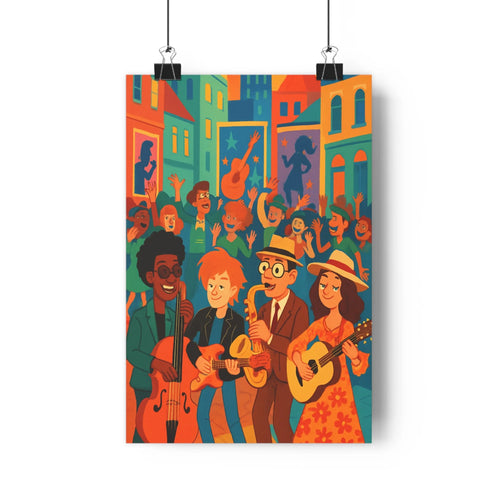 Poster urbain musique joyeuse trio violoncelle saxophone guitare public enthousiaste maisons colorées fenêtres ambiance festive style cartoon contours nets détails