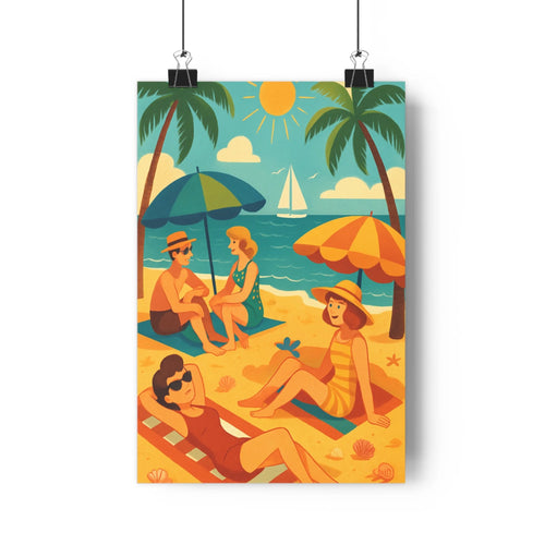 Poster tropical plage rétro joyeux personnages palmiers parasols océan bleu soleil jaune cartoon simple formes relaxantes salon chambre été