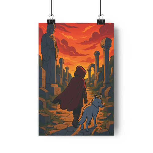Poster mystique personnage manteau rouge chien bleu nuages sombres colonnes ruines exploration ambiance ancienne détails graphiques salon chambre bureau