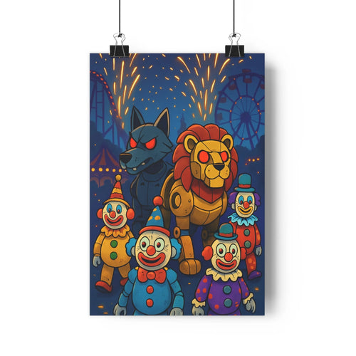 Poster vibrant cartoon clowns lion feux d’artifice grande roue montagnes russes ciel nocturne couleur vive ambiance festive chambre adolescente salon