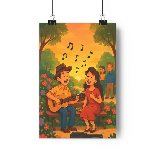 Poster guitare personnages banc paysage floral couchant soleil figures femmes hommes notes musicales arbres fleurs ciel coloré cartoon joyeux convivial