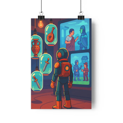 Poster robot curieux vitrines objets conversation personnages décoration mur bleu orange vert plantes étagère ambiance paisible style cartoon chambre salon