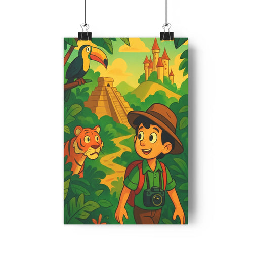 Poster aventure jungle explorateur toucan tigre pyramide forteresse couleurs vives cartoon nature sauvage joyeux chambre salon