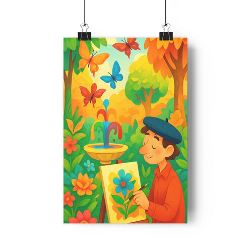 Poster jardin coloré fleurs papillons joyeux artiste inspiré automnal vives cartoon lumineux enfant salon chambre
