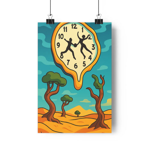Poster horloge géante silhouettes embrassant paysage désertique ciel bleu nuages arbres feuilles vertes sol jaune rouge onirique léger fantastique chambre