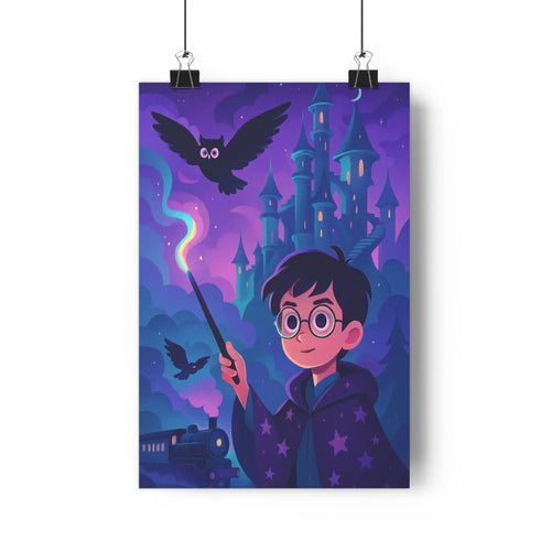 Poster sorcier baguette château oiseau lumineux train nuit violets bleus contours nets ambiance magique fantastique chambre bureau