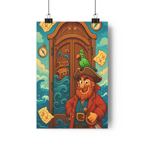 Poster pirate souriant perroquet sabre trésor or carte compas vague bleue verte rouge doré style cartoon joyeuse ambiance marine porte
