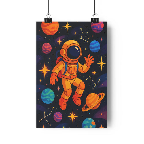 Poster astronaute espace planètes étoiles scintillantes fond sombre couleurs vives ambiance fantastique imagination spatiale plante verte objets décoratifs salon ordonné