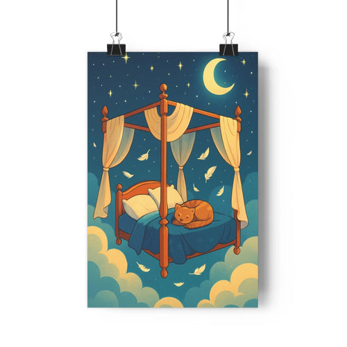 Poster lit nuages rideaux chaton couverture bleue lune étoiles oiseaux ciel nocturne ambiance doucepaisible rêve fantastique