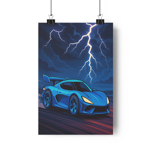 Poster moderne voiture sportive bleue orage éclairs foudre minimaliste tableau mural table basse ambiance intense électrique vitesse chambre bureau