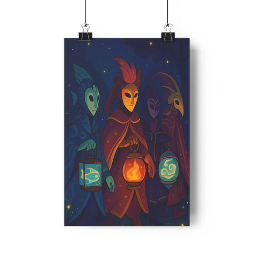 Poster mystique personnages masqués lanterne rouge bleu nuit étoiles dorées manteau coiffure noires ambiance chaude détails nets style illustratif chambre