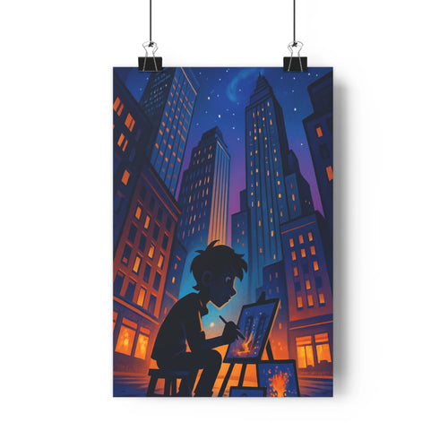 Poster urbain nuit bleu orange concentrateur artiste chevalet tableau objet meuble étoiles calme moderne élégant chambre salon