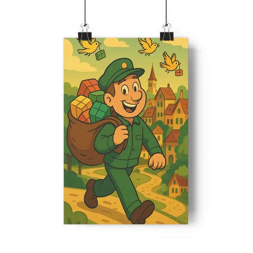 Poster joyeux aventure carte verte cubes colorés oiseaux village toits rouges tours ciel bleu style cartoon contours nets couleurs vives