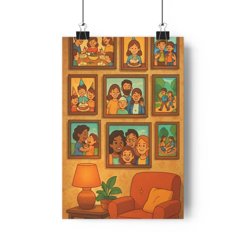 Poster famille joyeuse photos encadrées mur beige plante verte lampe chaise instant tendresse jeu plein air repas festif style cartoon