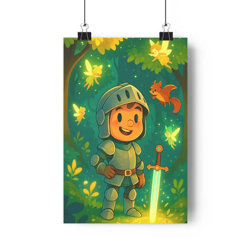 Poster enchanté chevalier armure épée papillons écureuil forêt feuilles fleurs lumière verte jaune ambiance magique cartoon simple expressions