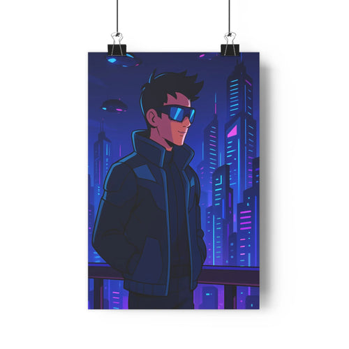 Poster urbain futuriste technologique plantes vertes gratte-ciels bleus lunettes soleil col montant ambiance cyberpunk minimaliste styles géométriques coexistence nature technologie