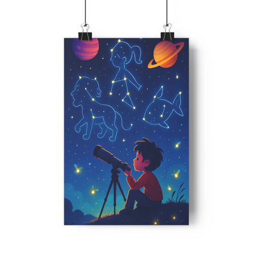 Poster enfant télescope nuit étoiles constellations mythologiques planète anneaux lunes calme rêve exploration table livres crayons vase pomme plante verte