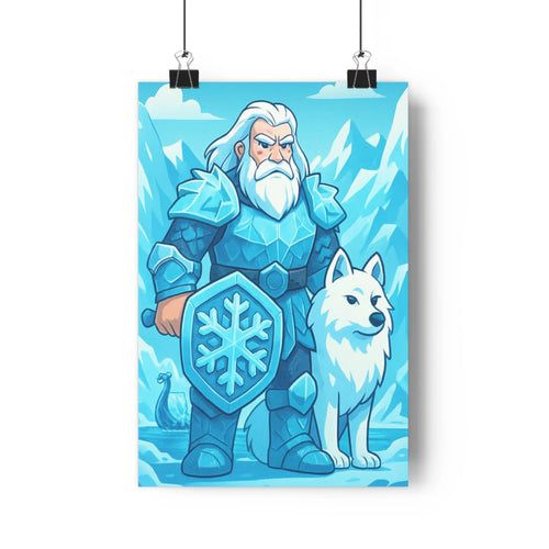 Poster guerrier armure bleue bouclier flocon chien blanc neige montagne nuages bleu clair pur cartoon majestueux salon chambre