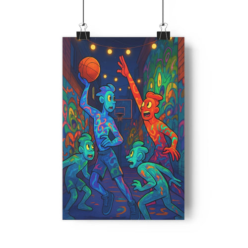 Poster sportif nuit bleu rouge personnages basket lumières ambiance festive fluidité ombres douces vivacité mur chambre salon