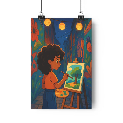 Poster peintre paysage nocturne rue lanternes plantes oiseaux bleu orange vert calme créatif salon chambre