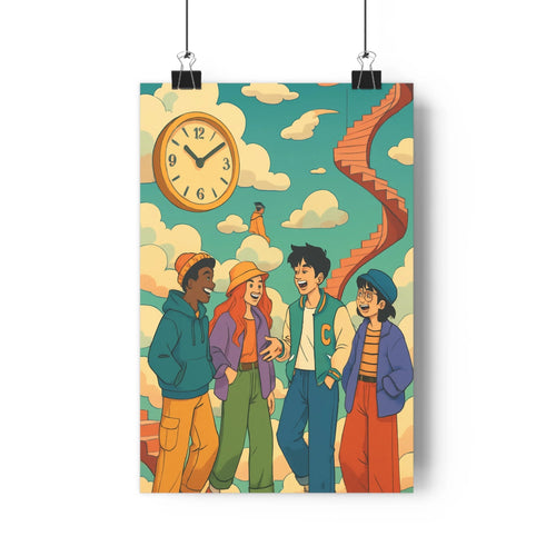 Poster personnages joyeux horloge nuages bleus vert rouge moderne cartoon vibrant convivial chambre salon