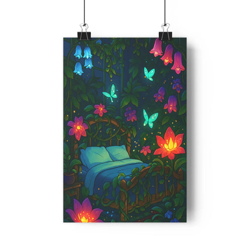 Poster sommeil végétation fleurs colorées papillons lumineux couverture bleue détails fins ambiance douce naturelle apaisante style réaliste floral enchanté chambre