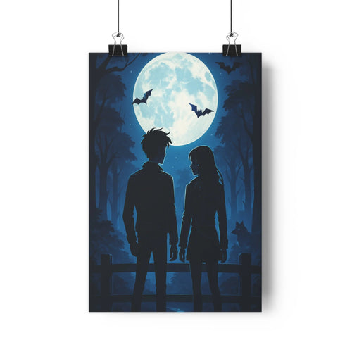Poster silhouettes pont nuit lune étoiles arbres chauves-souris ambiance mystérieuse calme angoisse style minimaliste chambre salon