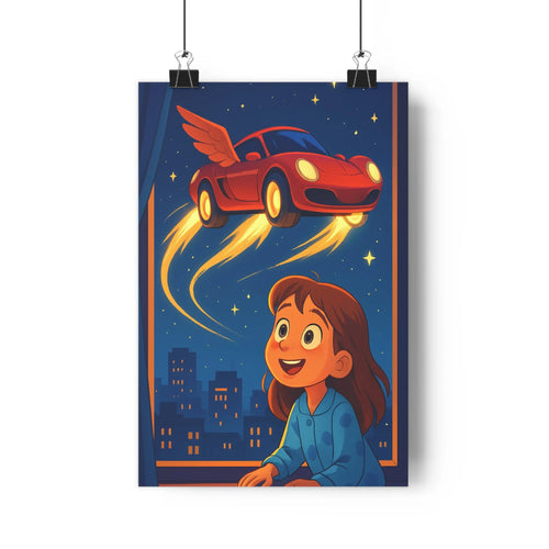 Poster volante voiture rouge ailes ciel étoilé sourire fille fenêtre ville illuminée bleu nuit fantastique léger cartoon chambre salon inspiration