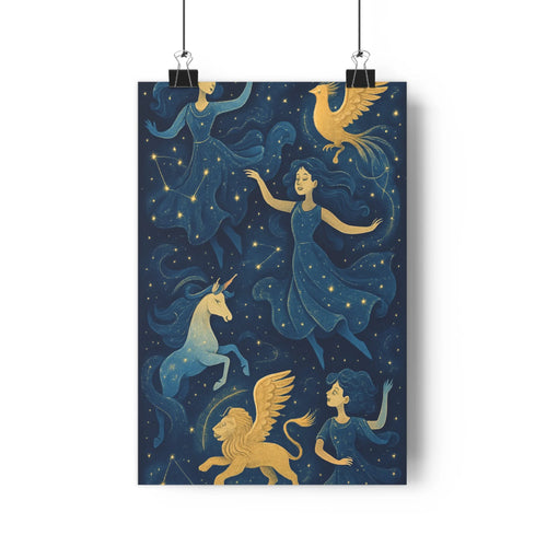 Poster nocturne fantastique licorne femme lion ailé figures flottantes étoiles dorées tableau blanc élégance douceur romantisme chambre salon
