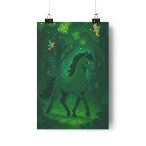 Poster enchantée forêt cheval vert fées volantes arbres feuilles lumineuses couleurs vertes ambiance magique sérénité style cartoon chambre salon