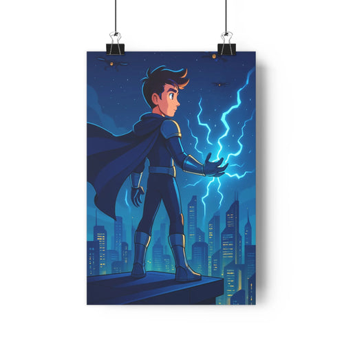 Poster homme sur toit costume bleu cape noire éclairs bleus ville nuit gratte-ciels lumière jaune ciel étoilé style moderne dynamique
